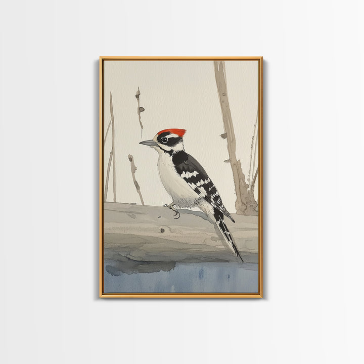 Red Crown Woodpecker On Winter Log Wall Art, Minimalist Bird Print, Woodland Nursery Decor, Rustic Nature Art, Cabin Decor