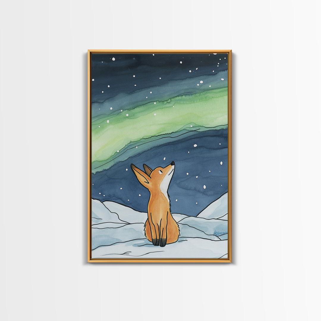 Fox Watching Northern Lights In Snow Canvas Print, Aurora Borealis Wall Art, Woodland Nursery Decor, Winter Cabin Decor, Gift