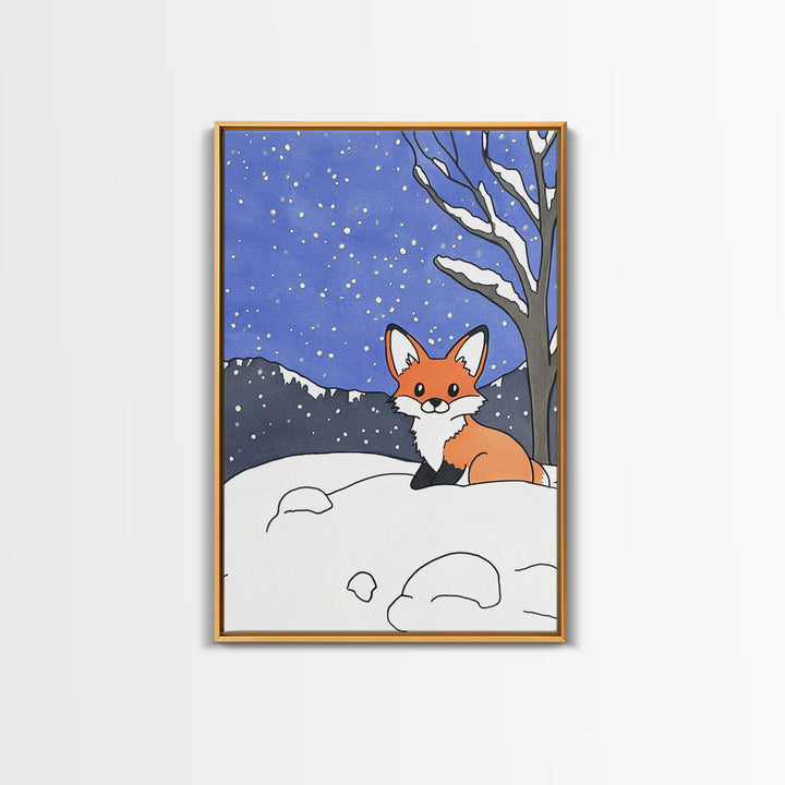 Cute Fox In Snowy Mountain Night Wall Art, Woodland Animal Print, Winter Nursery Decor, Cabin Wall Decor, Whimsical Art Print