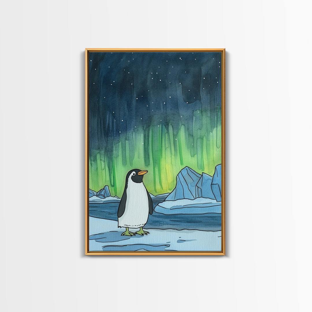 Penguin Under Northern Lights Canvas Print, Arctic Animal Wall Art, Kids Room Decor, Aurora Nursery Art, Gift For Him, Home Decor
