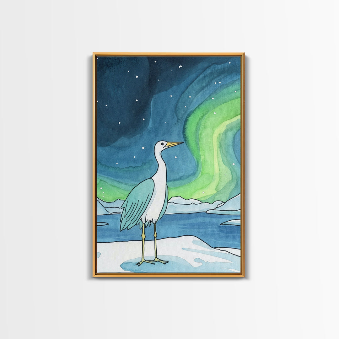 White Heron Under Northern Lights Canvas Print, Arctic Bird Wall Art, Coastal Nature Home Decor, Serene Nursery Gift For Her