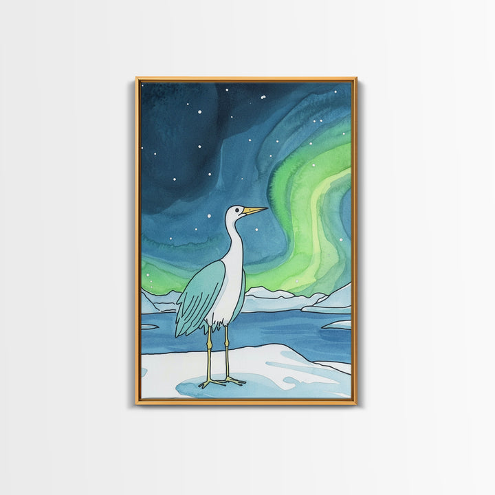 White Heron Under Northern Lights Canvas Print, Arctic Bird Wall Art, Coastal Nature Home Decor, Serene Nursery Gift For Her