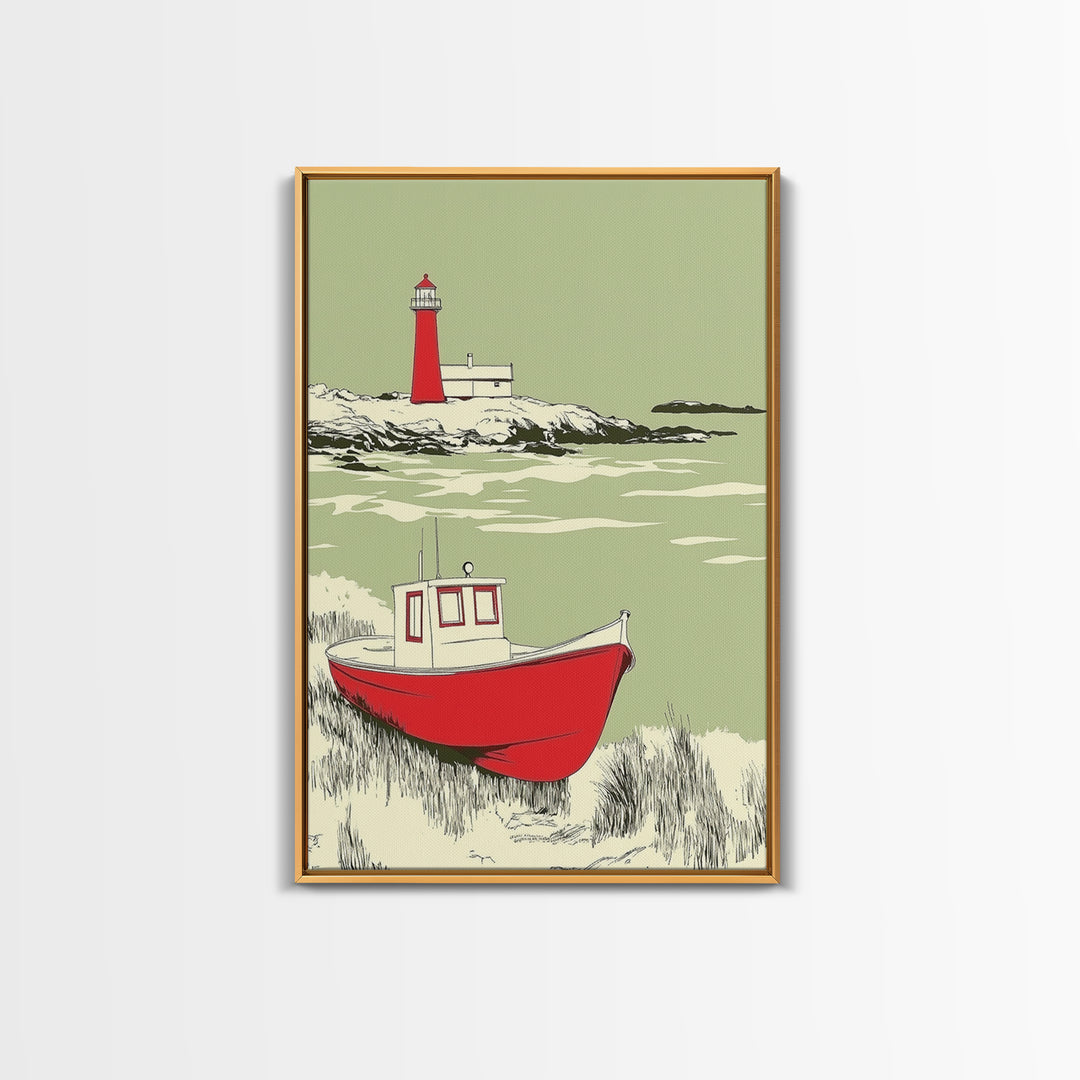Red Fishing Boat And Lighthouse Canvas Print, Coastal Wall Art, Nautical Beach House Decor, Seascape Gift For Him, Living Room Decor