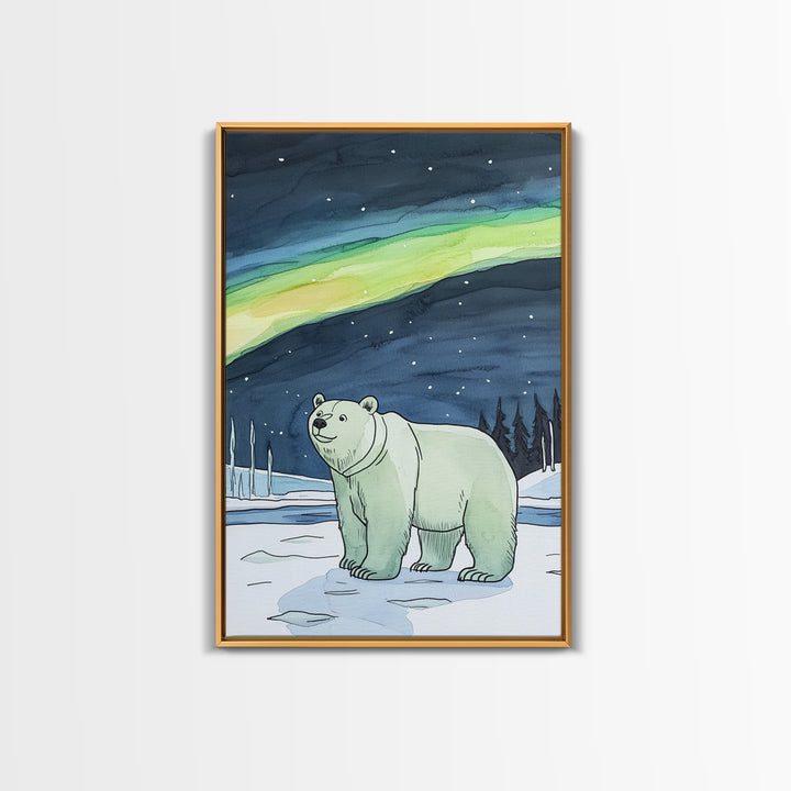 Polar Bear Under Northern Lights Wall Art, Arctic Wildlife Canvas Print, Winter Nature Decor, Nursery Gift For Kids Room