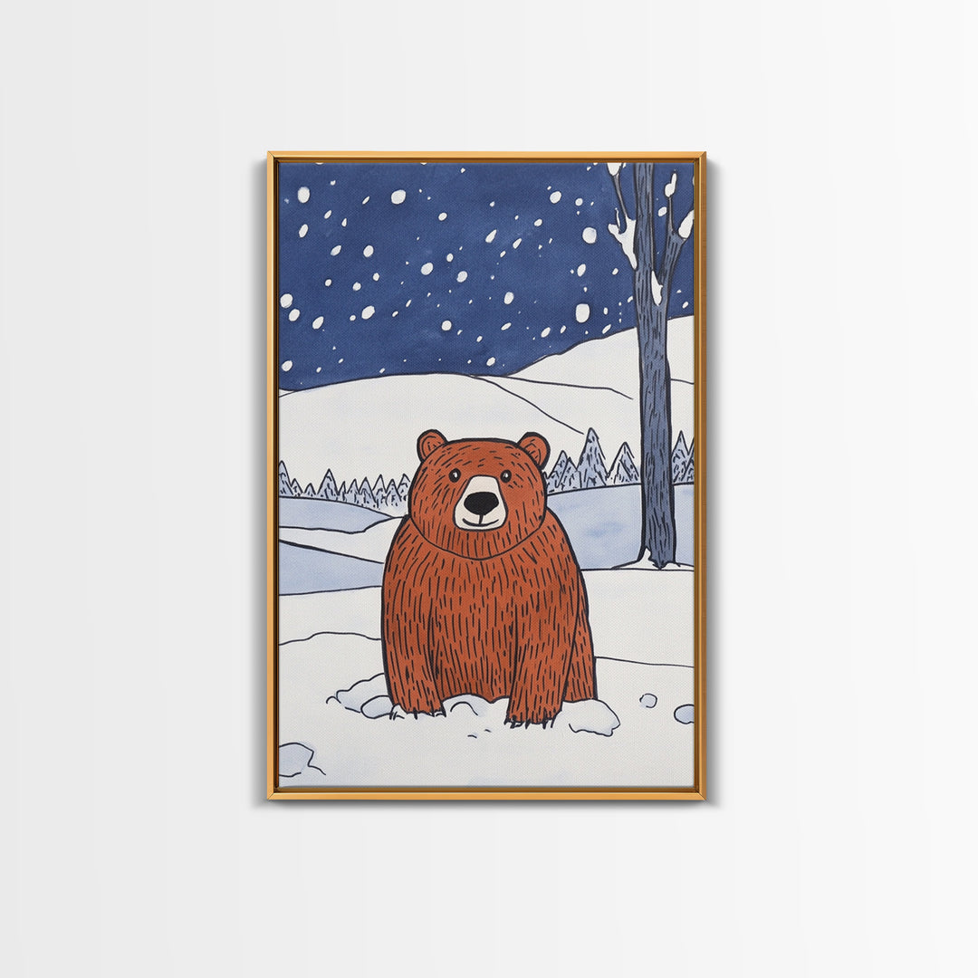 Brown Bear In Snowy Forest Wall Art, Woodland Animal Canvas Print, Rustic Nursery Decor, Winter Wildlife Gift For Kids Room Decor