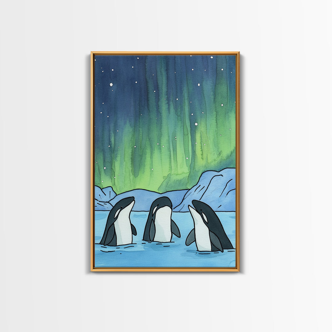 Orca Whales Under Northern Lights Wall Art, Arctic Ocean Print, Marine Life Decor, Coastal Nursery Art, Whale Lover Gift