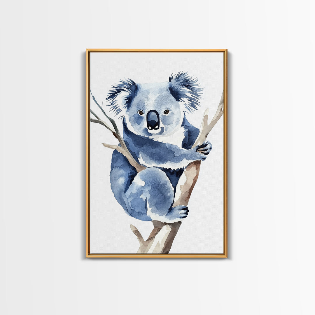 Blue Koala Climbing Eucalyptus Canvas Print, Watercolor Animal Wall Art, Nursery Decor, Kids Room Art, Wildlife Art Print