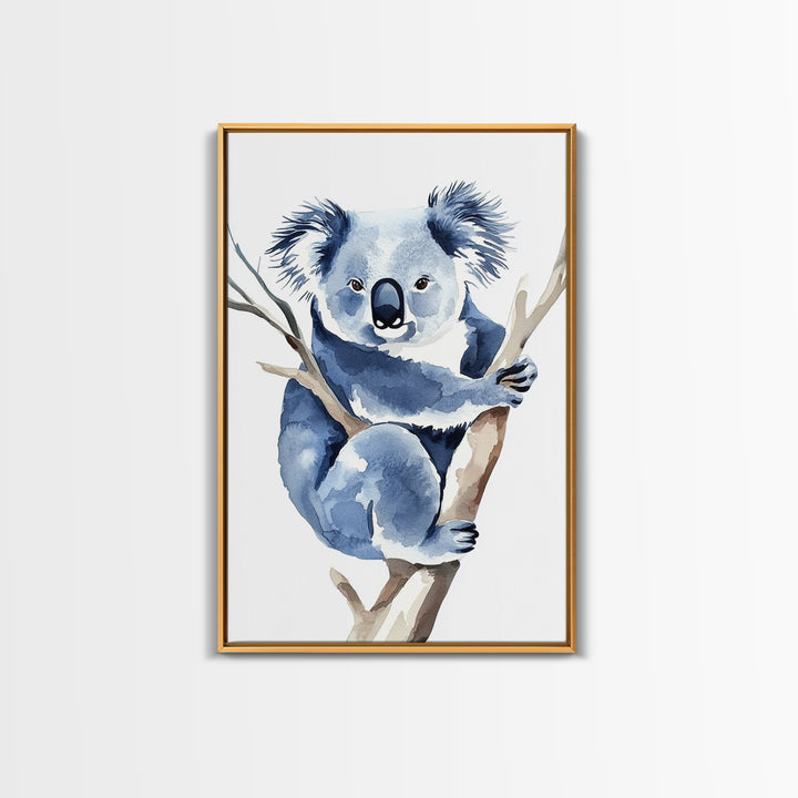 Blue Koala Climbing Eucalyptus Canvas Print, Watercolor Animal Wall Art, Nursery Decor, Kids Room Art, Wildlife Art Print