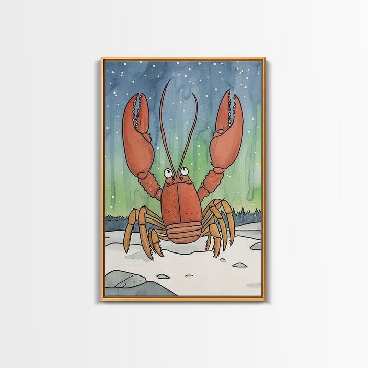 Whimsical Lobster Under Starry Sky Canvas Print, Coastal Animal Wall Art, Nautical Nursery Decor, Ocean Life Art Print, Kids Room Decor