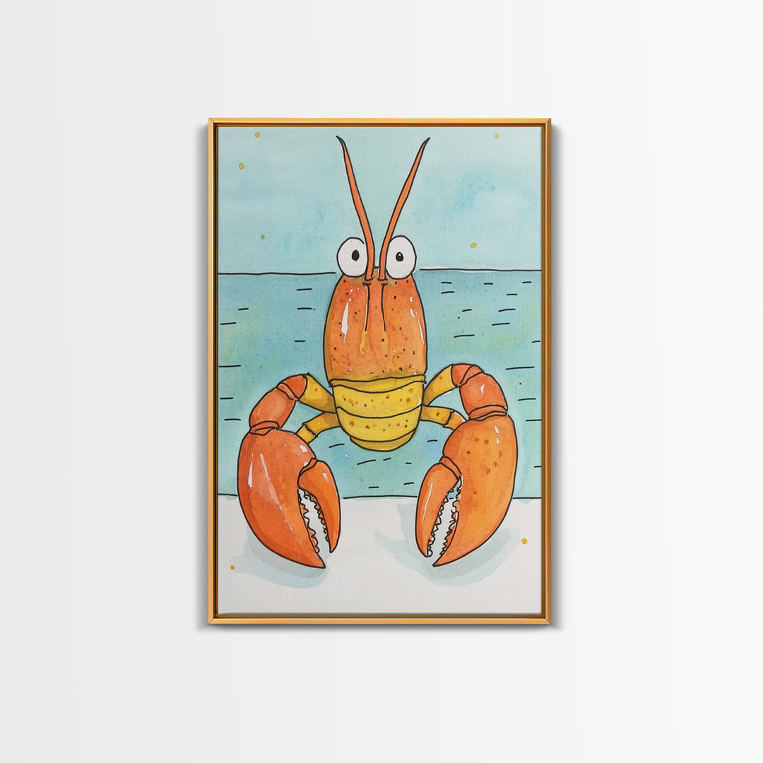 Cute Orange Lobster By The Sea Wall Art, Coastal Kitchen Decor, Nautical Bathroom Print, Seafood Art, Beach House Decor Gift