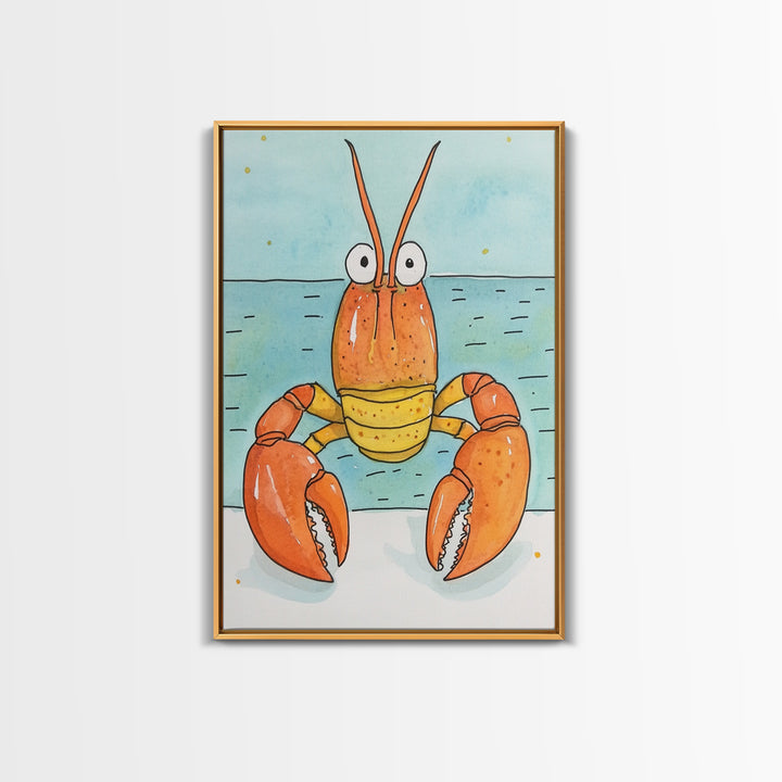 Cute Orange Lobster By The Sea Wall Art, Coastal Kitchen Decor, Nautical Bathroom Print, Seafood Art, Beach House Decor Gift