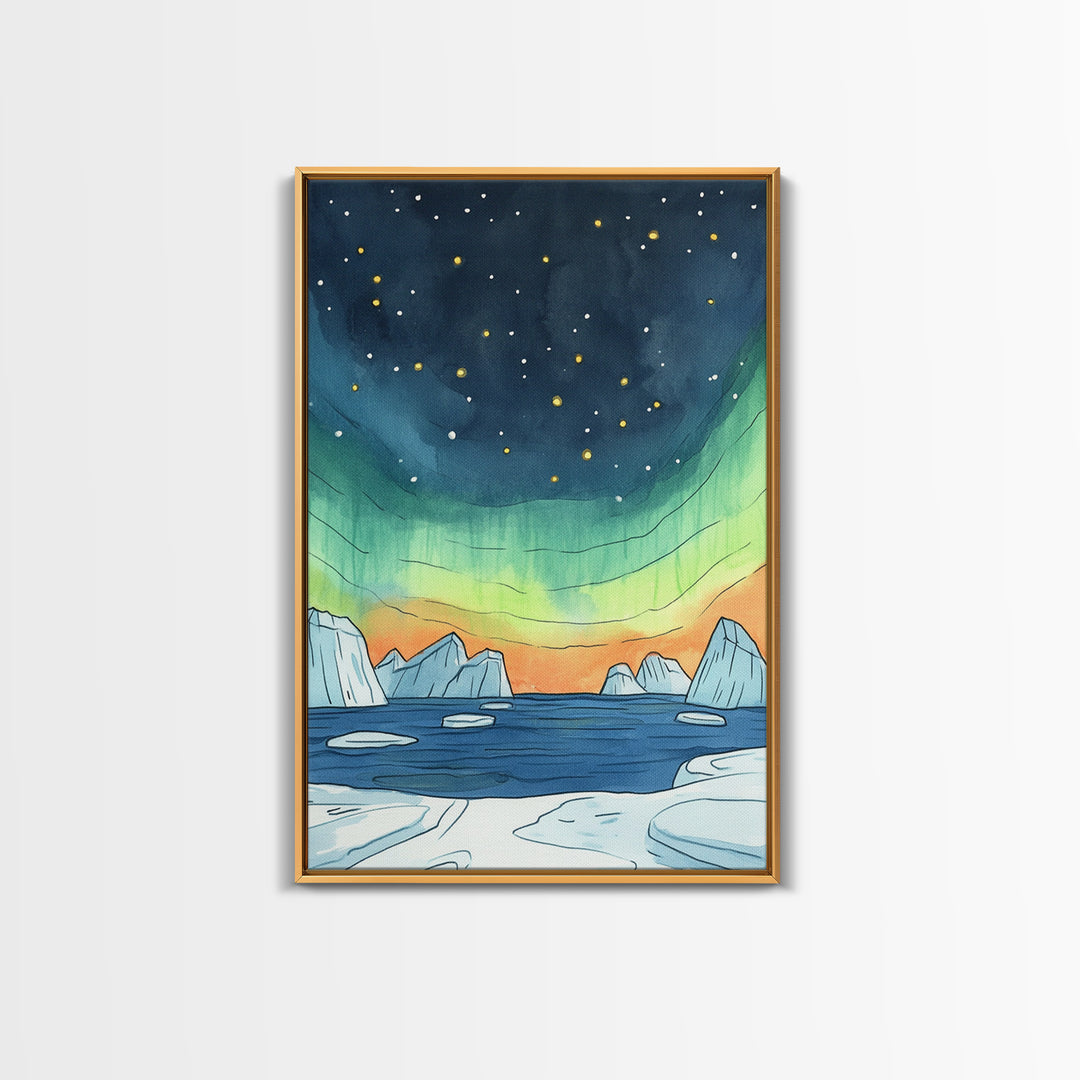 Northern Lights Over Icebergs Canvas Print, Arctic Ocean Wall Art, Aurora Seascape Decor, Coastal Landscape Gift For Her