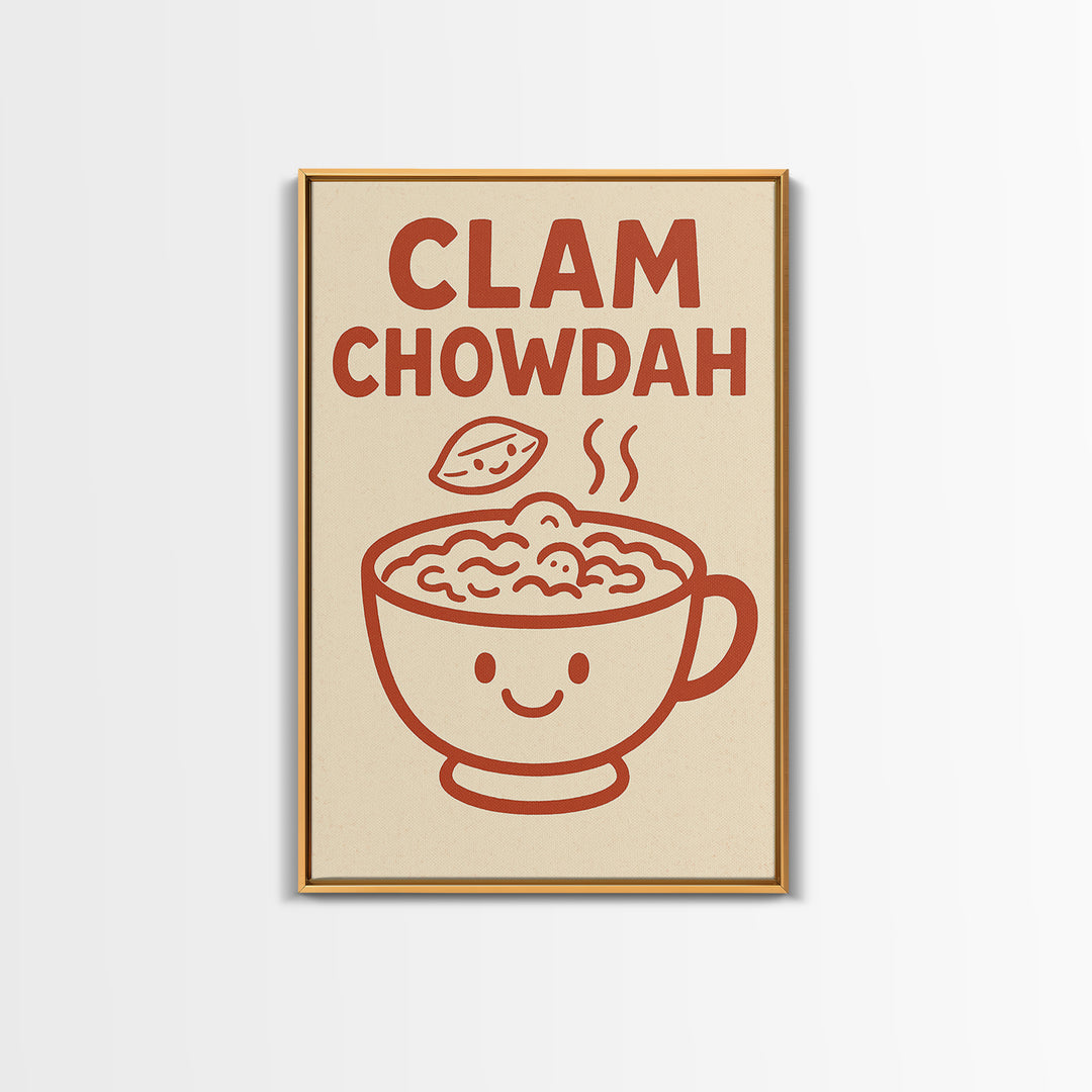 Cute Clam Chowdah Soup Bowl Wall Art, Funny Kitchen Print, New England Seafood Decor, Coastal Cafe Gift For Food Lover Home Decor