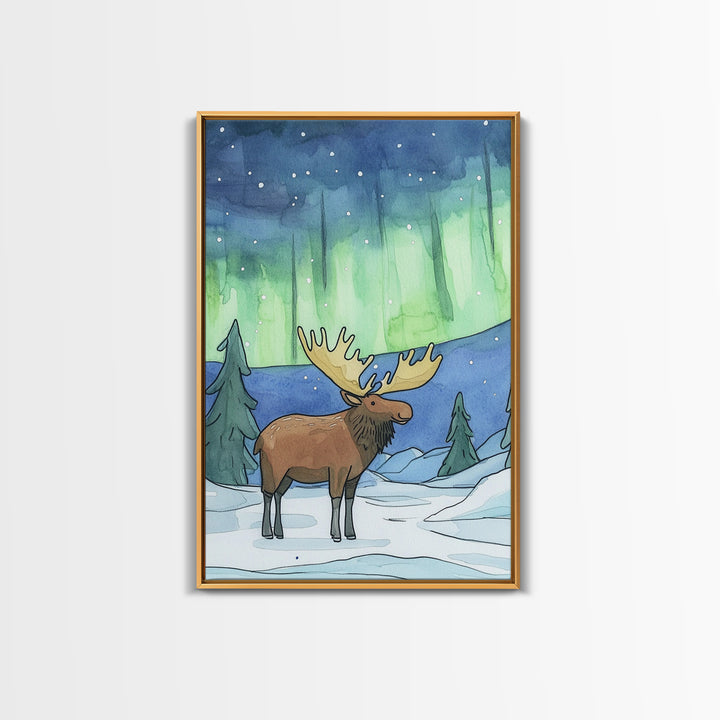 Whimsical Moose Under Green Northern Lights Canvas Print, Winter Animal Wall Art For Nursery Decor And Cozy Cabin Decor Gift