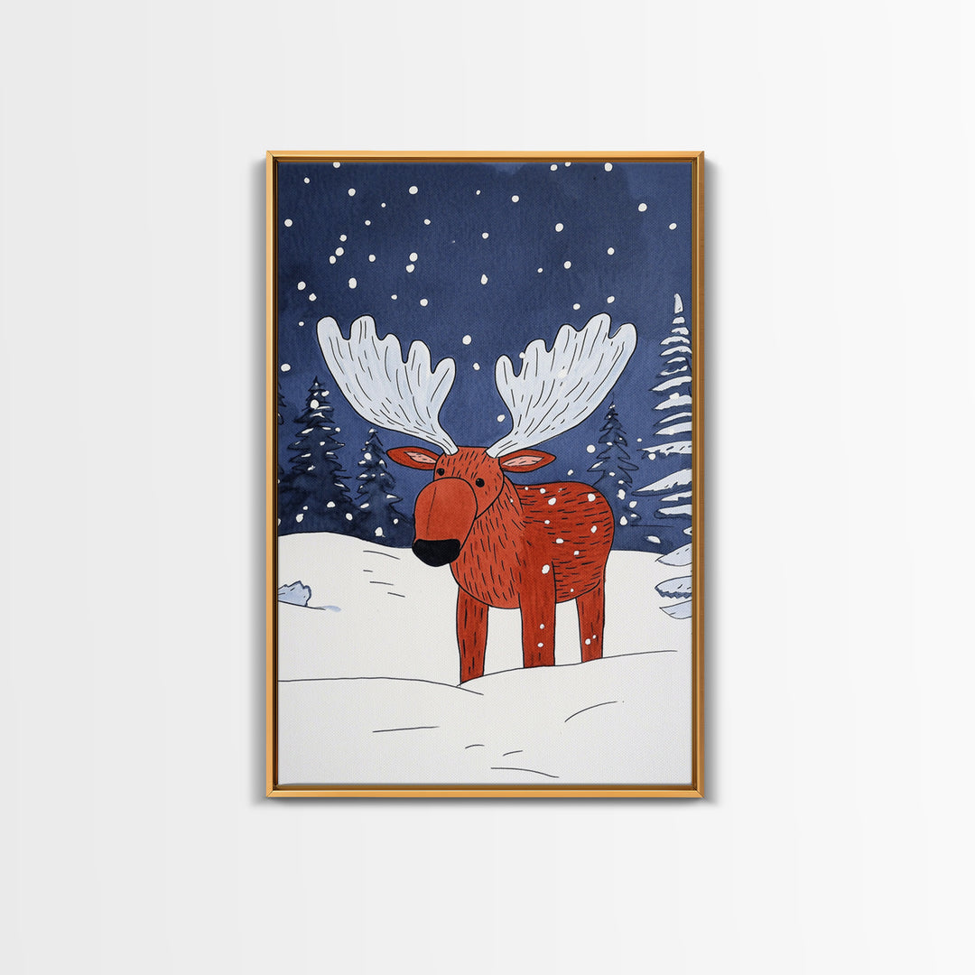 Red Whimsical Moose In Snowy Forest Canvas Print, Cute Animal Wall Art For Kids Room Decor And Nordic Winter Decor Gift Print