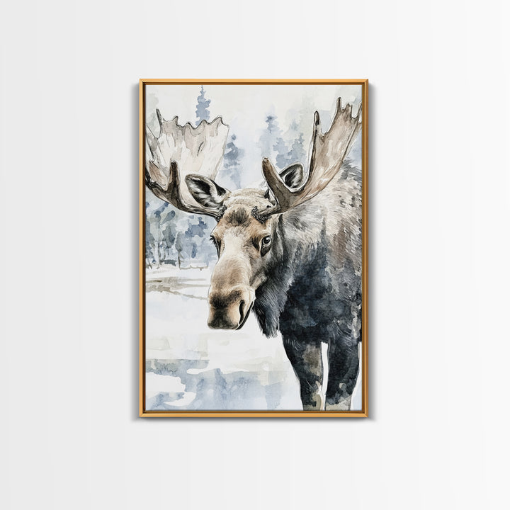 Realistic Moose Portrait In Snowy Pines Framed Canvas Print, Wildlife Wall Art For Rustic Cabin Decor And Nature Lover Gift
