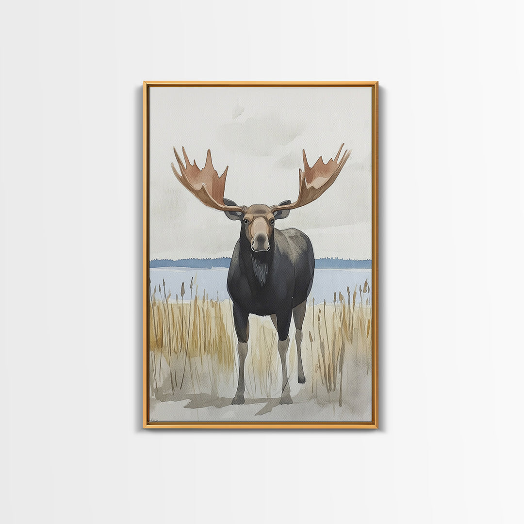 Standing Moose By Quiet Lake Canvas Print, Rustic Wildlife Wall Art For Cabin Decor, Nature Wall Art, And Housewarming Gift