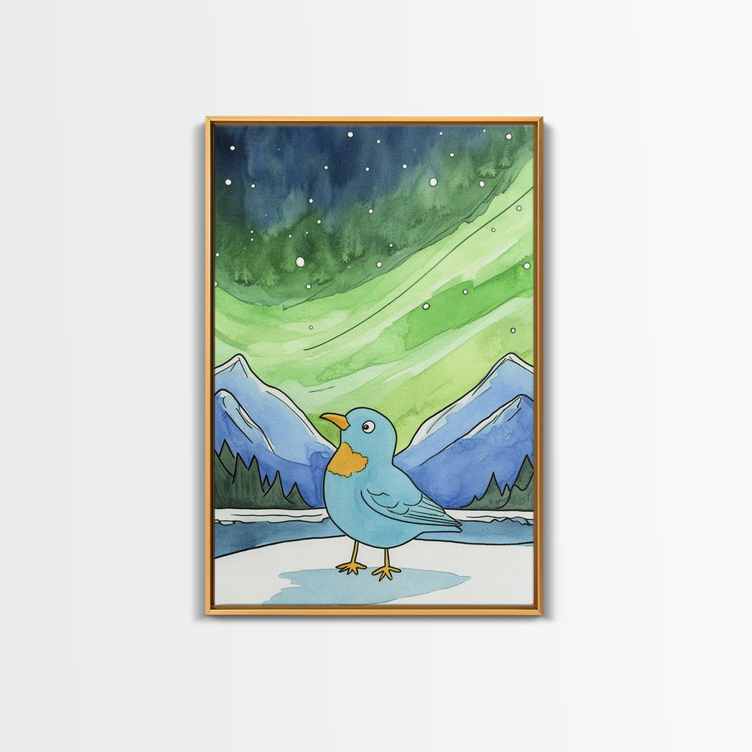 Blue Bird Beneath Green Aurora Canvas Print, Whimsical Animal Wall Art For Nursery Decor, Mountain Art, And Kids Room Decor