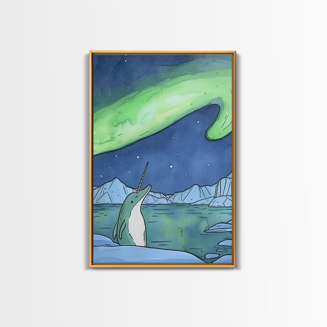 Whimsical Narwhal Under Northern Lights Canvas Print, Arctic Ocean Animal Wall Art, Nursery Decor And Kids Room Gift For Her