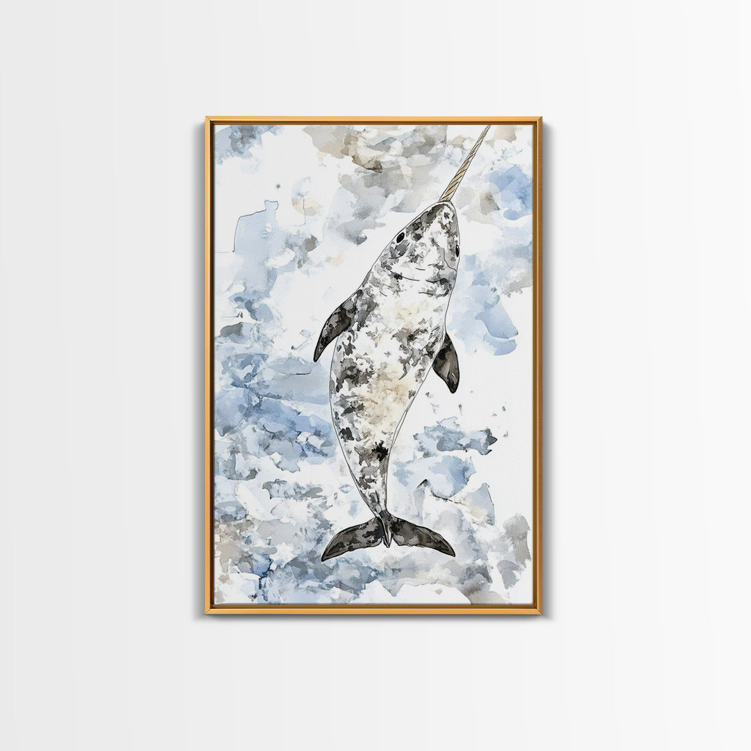 Speckled Narwhal Whale Watercolor Framed Canvas Print, Marine Life Wall Art, Ocean Animal Nursery Decor And Coastal Gift