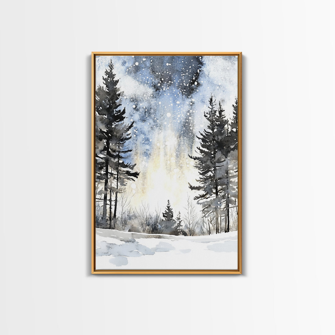 Snowy Night Pine Forest Framed Canvas Print, Winter Landscape Wall Art, Moody Nature Decor For Cabin Living Room Gift Idea
