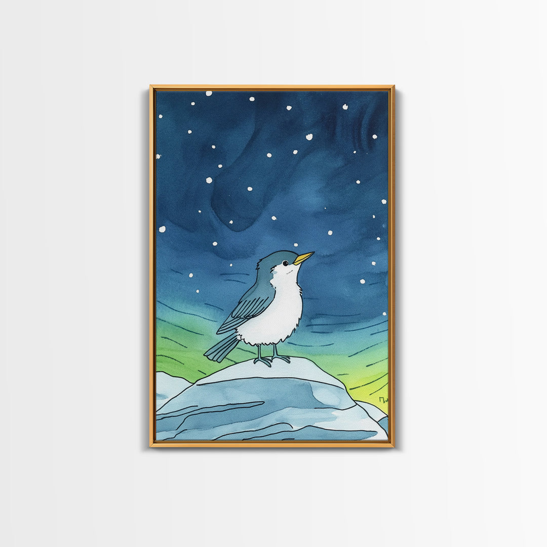 Cute Arctic Bird On Ice Under Aurora Canvas Print, Whimsical Animal Wall Art, Nursery Decor And Kids Room Decor Gift For Bird Lover