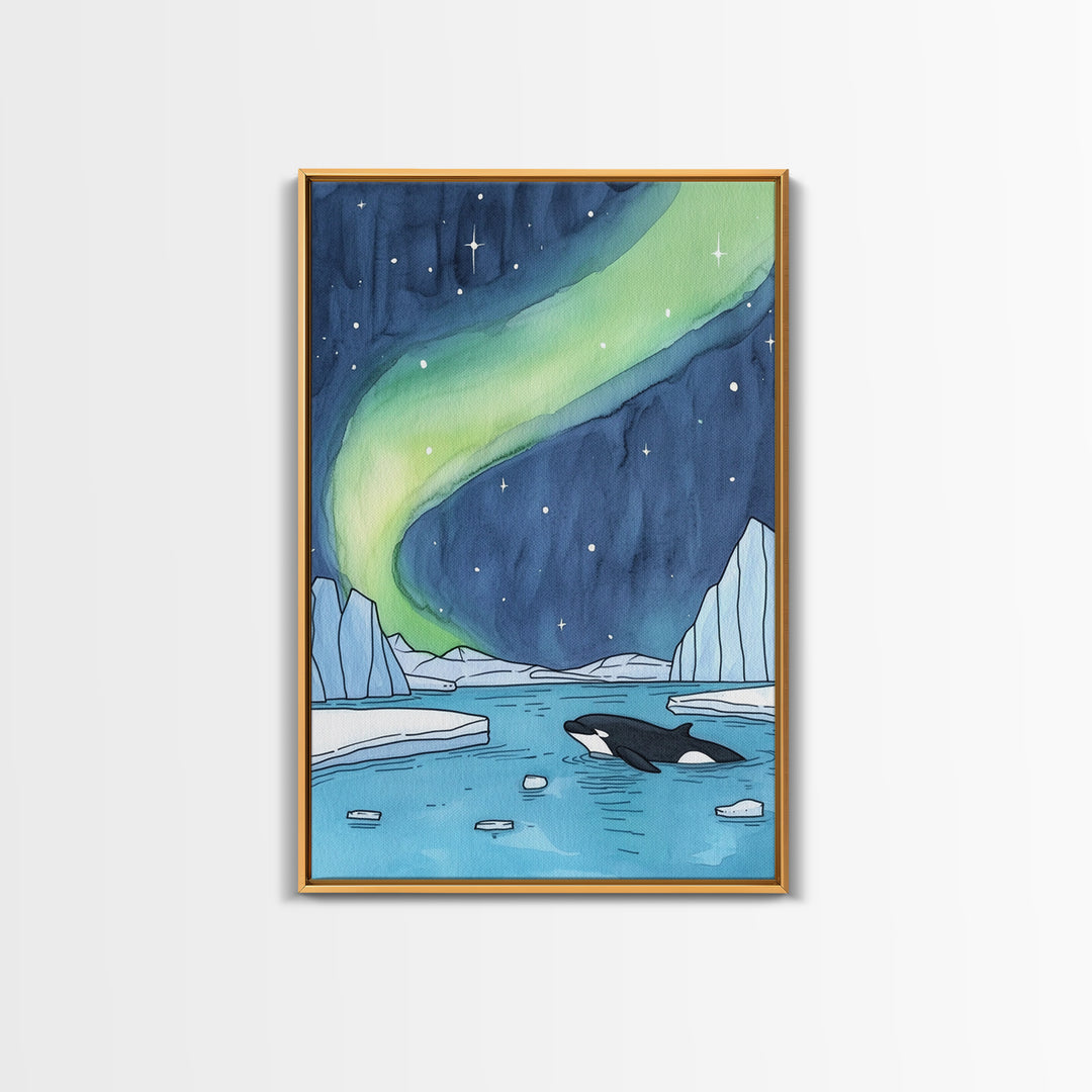 Northern Lights Orca Wall Art, Arctic Ocean Canvas Print, Celestial Coastal Decor, Whale Wildlife Art For Nursery Room Decor
