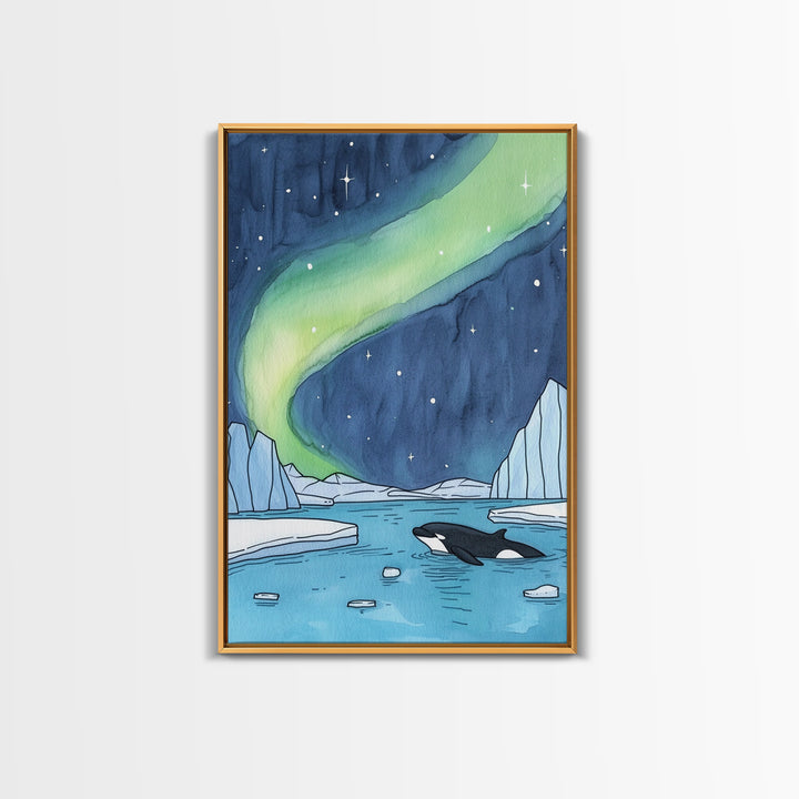 Northern Lights Orca Wall Art, Arctic Ocean Canvas Print, Celestial Coastal Decor, Whale Wildlife Art For Nursery Room Decor