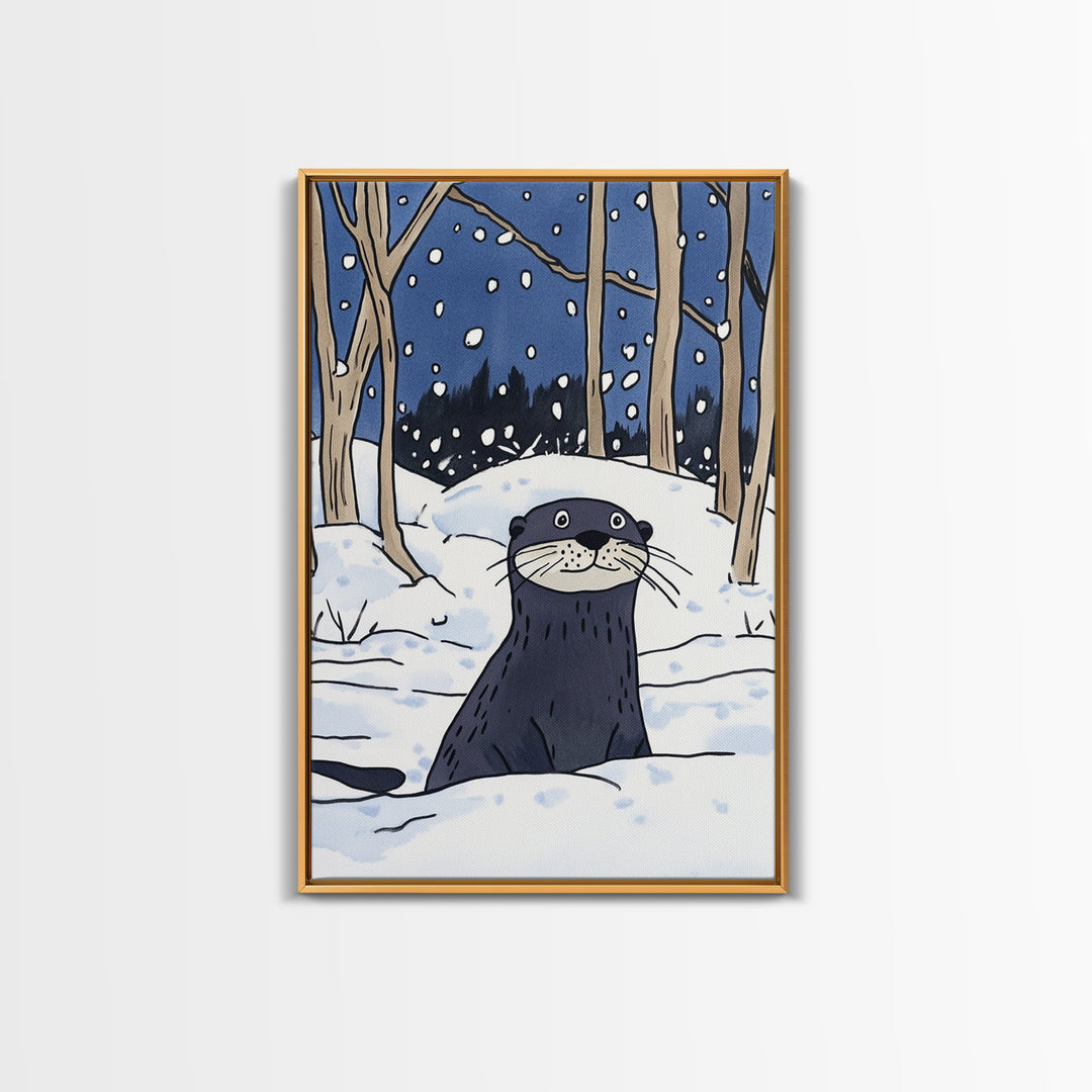 Snowy Forest Otter Wall Art, Winter Animal Print, Whimsical Wildlife Decor, Woodland Nursery Art And Cozy Cabin Decor Gift