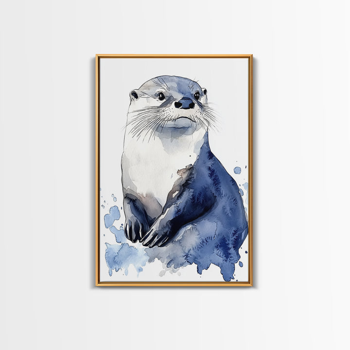 Blue Watercolor Otter Canvas Print, Coastal Animal Art, Wildlife Wall Decor, Nautical Nursery Print And Ocean Lover Gift