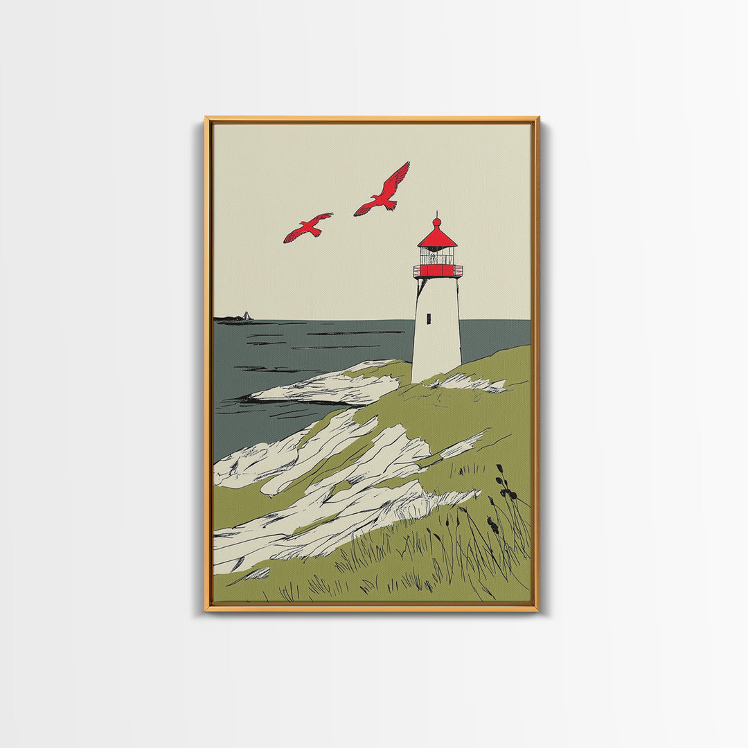 Coastal Lighthouse With Red Birds Wall Art, Nautical Print, Beach House Decor, Seaside Landscape Art And Ocean Wall Decor