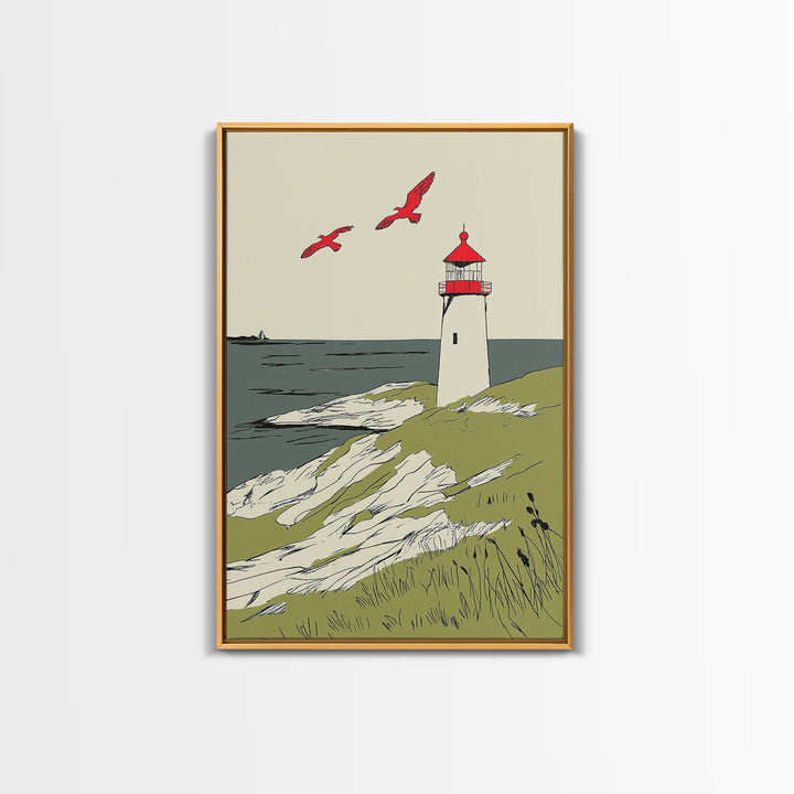 Coastal Lighthouse With Red Birds Wall Art, Nautical Print, Beach House Decor, Seaside Landscape Art And Ocean Wall Decor