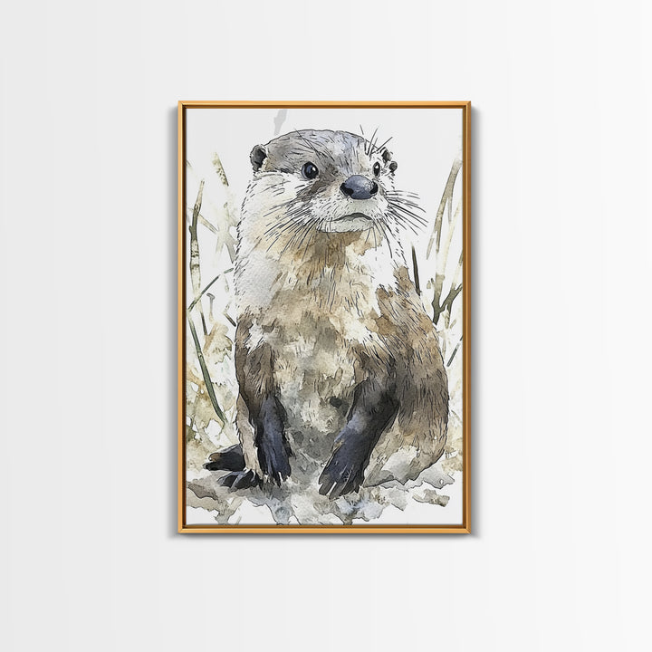 Neutral Watercolor Otter Framed Canvas Print, Wildlife Wall Art, Woodland Animal Decor, Nature Art Print And Housewarming Gift
