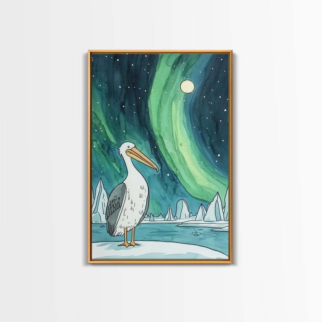 Pelican Under Green Aurora Canvas Print, Northern Lights Wall Art, Arctic Coastal Decor, Bird Lover Gift And Nursery Art
