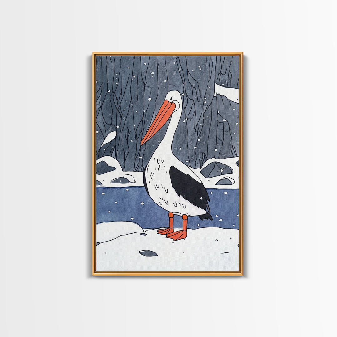Snowy Pelican In Winter Woods Wall Art, Whimsical Bird Print, Wildlife Decor, Kids Room Art And Cozy Cabin Wall Decor Gift