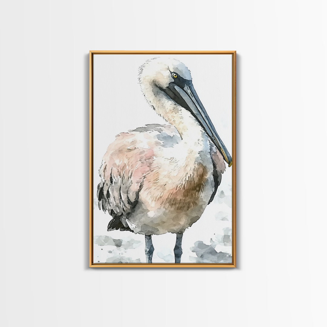 Soft Watercolor Pelican Framed Canvas Print, Coastal Bird Wall Art, Nautical Decor, Ocean Animal Print And Beach House Gift