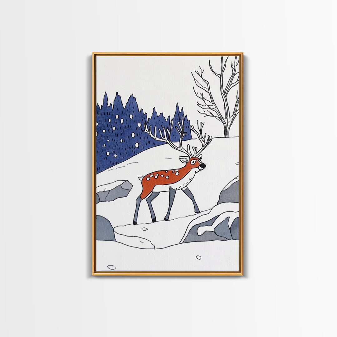 Red Reindeer In Snowy Forest Wall Art, Whimsical Winter Nursery Print, Woodland Animal Decor, Christmas Gift For Kids Room Decor