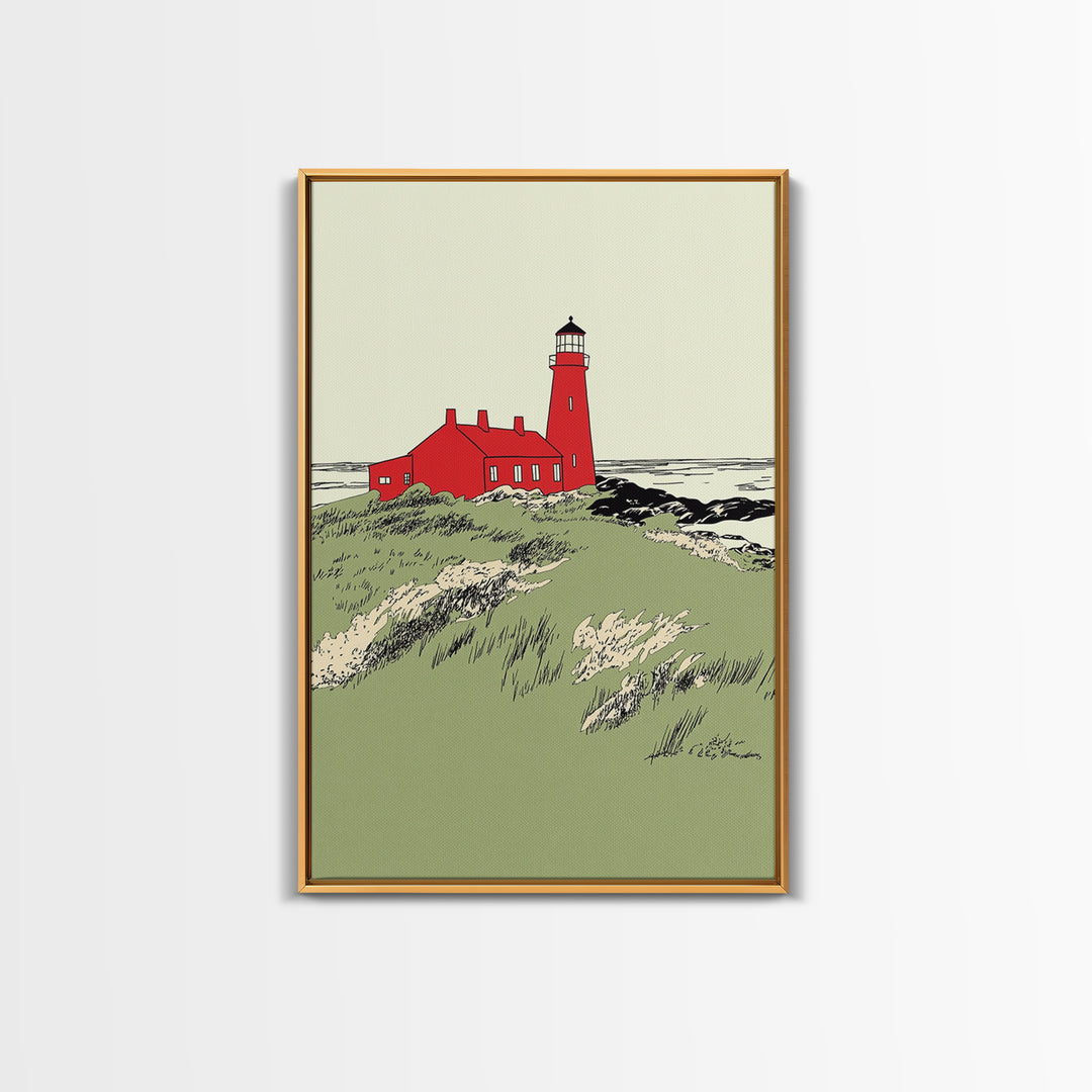 Red Coastal Lighthouse Canvas Print, Nautical Beach House Wall Art, Seascape Landscape Poster, Ocean Home Decor Gift For Her