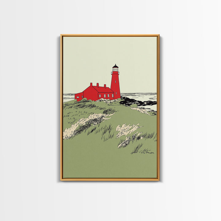 Red Coastal Lighthouse Canvas Print, Nautical Beach House Wall Art, Seascape Landscape Poster, Ocean Home Decor Gift For Her