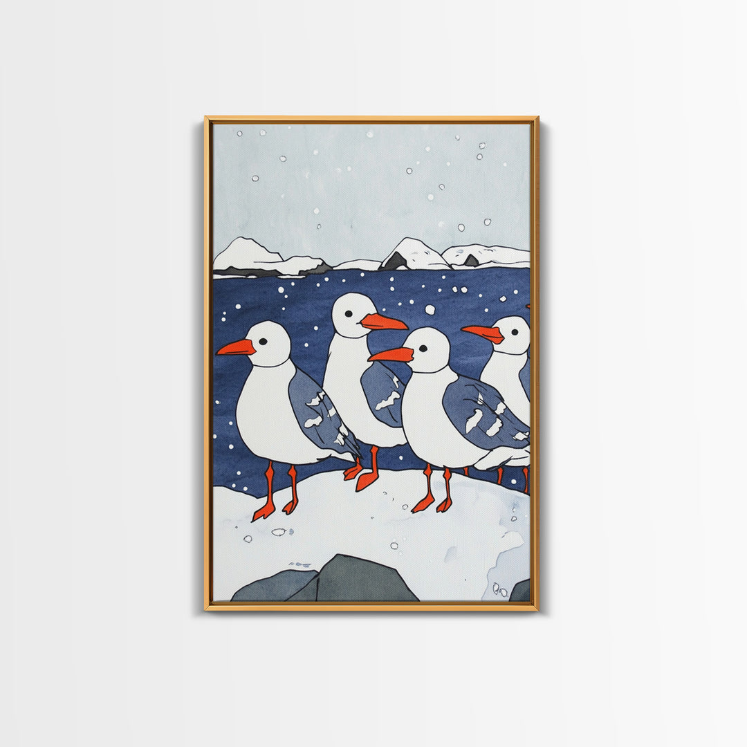 Arctic Seabirds On Snowy Shore Wall Art, Coastal Bird Print, Ocean Nursery Decor, Winter Wildlife Canvas Print Gift For Kids Room