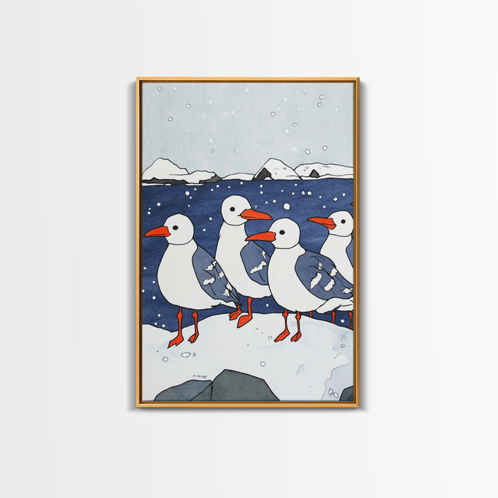 Arctic Seabirds On Snowy Shore Wall Art, Coastal Bird Print, Ocean Nursery Decor, Winter Wildlife Canvas Print Gift For Kids Room