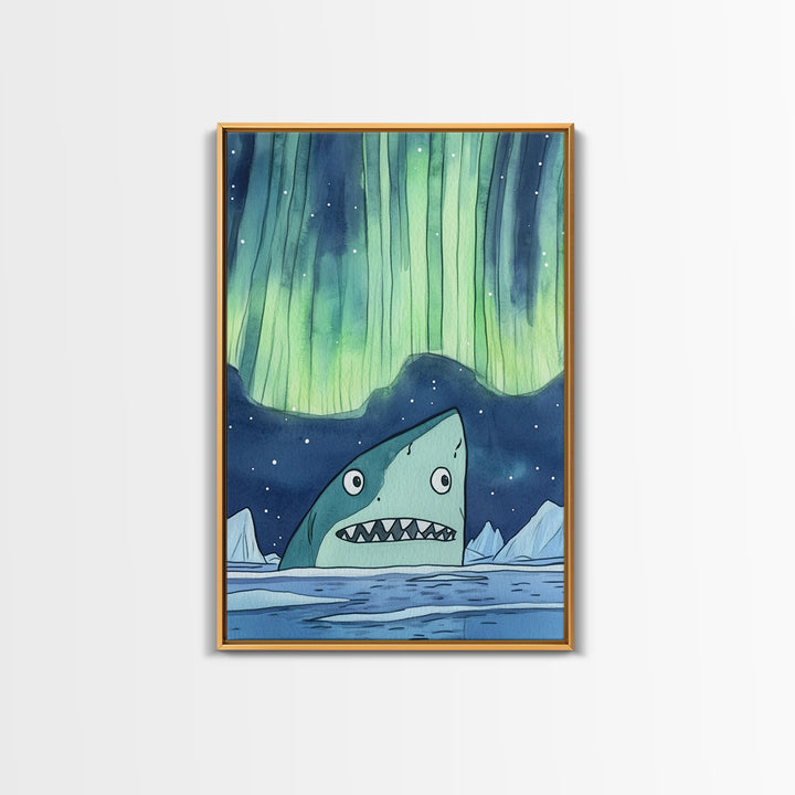 Whimsical Shark Under Northern Lights Wall Art, Arctic Ocean Print, Kids Room Decor, Nautical Nursery Art, Fun Coastal Decor