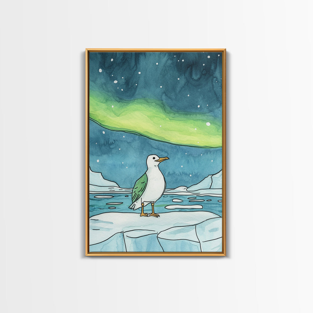 Seagull On Ice Under Aurora Wall Art, Arctic Coastal Bird Print, Ocean Nursery Decor, Nautical Bathroom Art, Beach House Decor