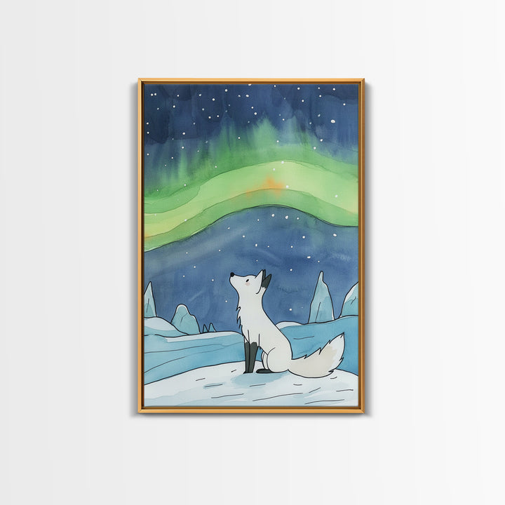 White Arctic Fox Under Aurora Wall Art, Celestial Night Sky Print, Winter Nursery Decor, Whimsical Wildlife Wall Decor, Gift For Her