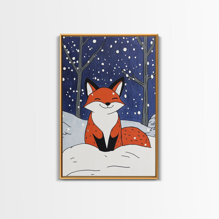 Smiling Red Fox In Falling Snow Wall Art, Cute Woodland Animal Art Print, Winter Nursery Decor, Whimsical Kids Room Decor