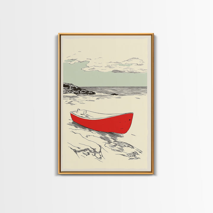 Red Rowboat On Rocky Shore Wall Art, Nautical Coastal Print, Beach House Decor, Seascape Wall Art, Lake House Gift For Him