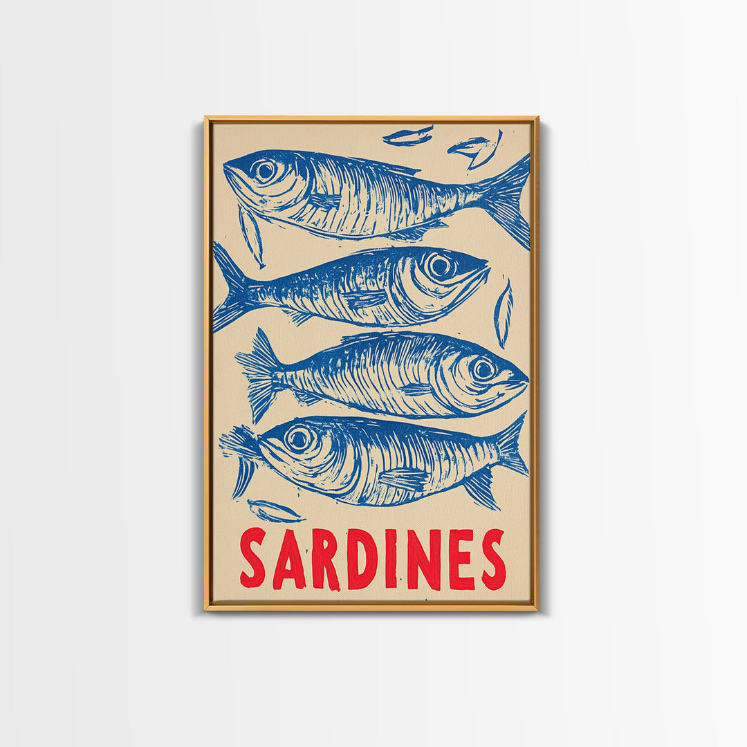 Blue Sardines Seafood Poster Canvas Print, Coastal Kitchen Wall Art, Nautical Wall Decor, Ocean Fish Art For Home Decor Gift