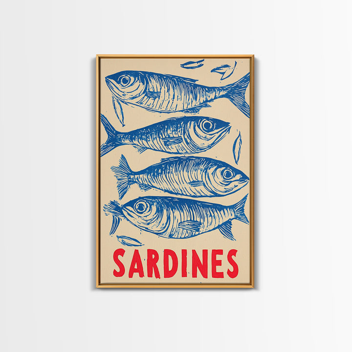 Blue Sardines Seafood Poster Canvas Print, Coastal Kitchen Wall Art, Nautical Wall Decor, Ocean Fish Art For Home Decor Gift