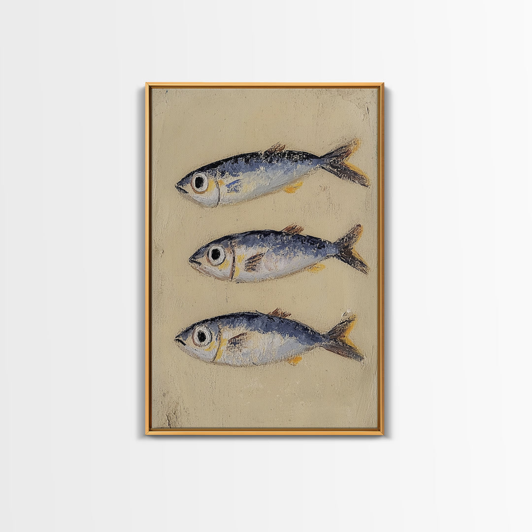 Three Silver Sardine Fish Painting Wall Art, Coastal Kitchen Decor, Nautical Sea Life Canvas, Beach House Gift Print For Home Decor