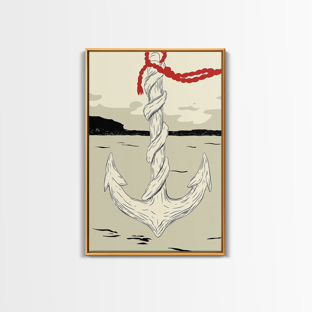 White Rope Anchor Illustration Wall Art, Nautical Coastal Decor, Beach House Canvas Print, Seaside Gift For Him, Ocean Wall Decor